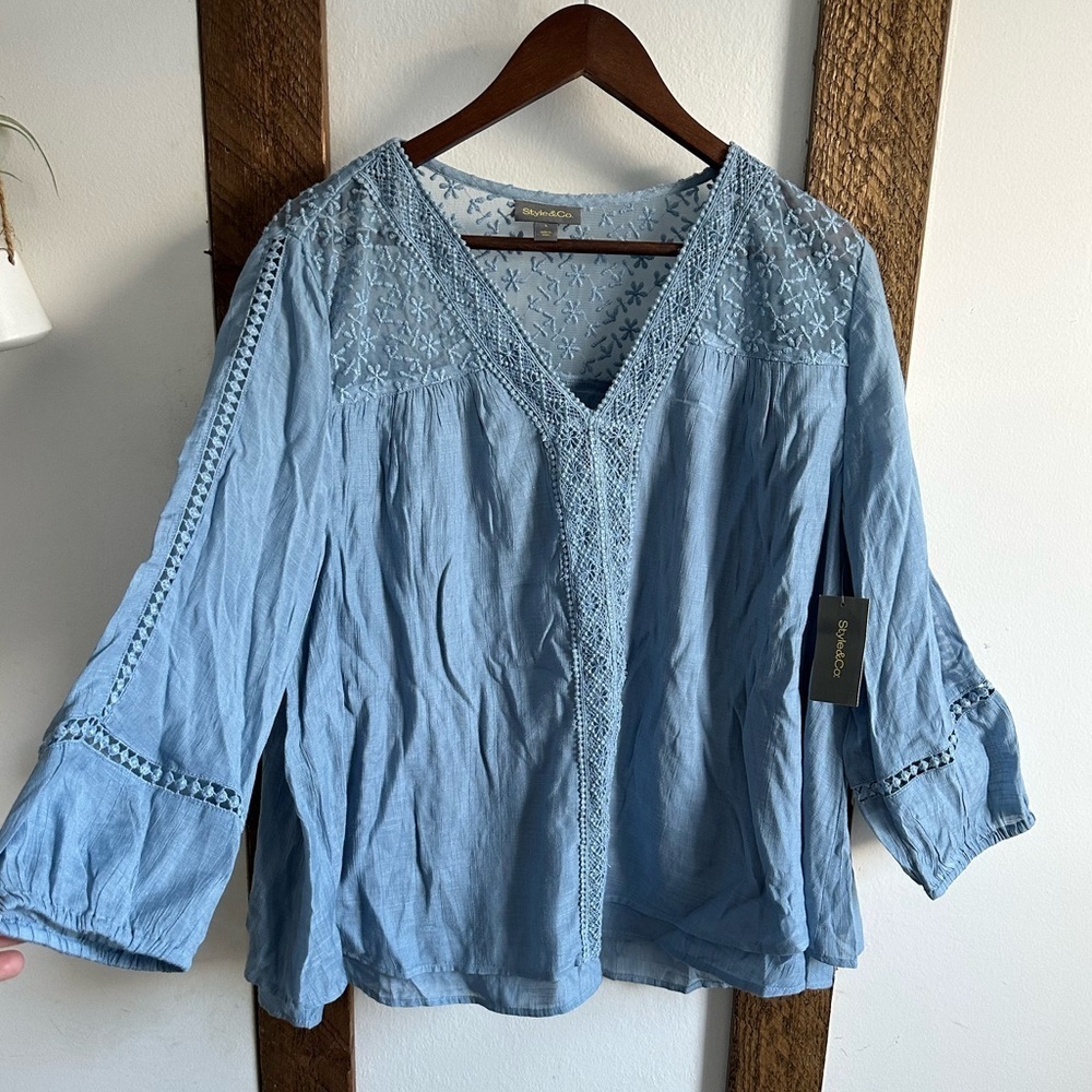 New Style & Co Women Top Large Lace Peasant Boho Embroidery Blue Bohemian
